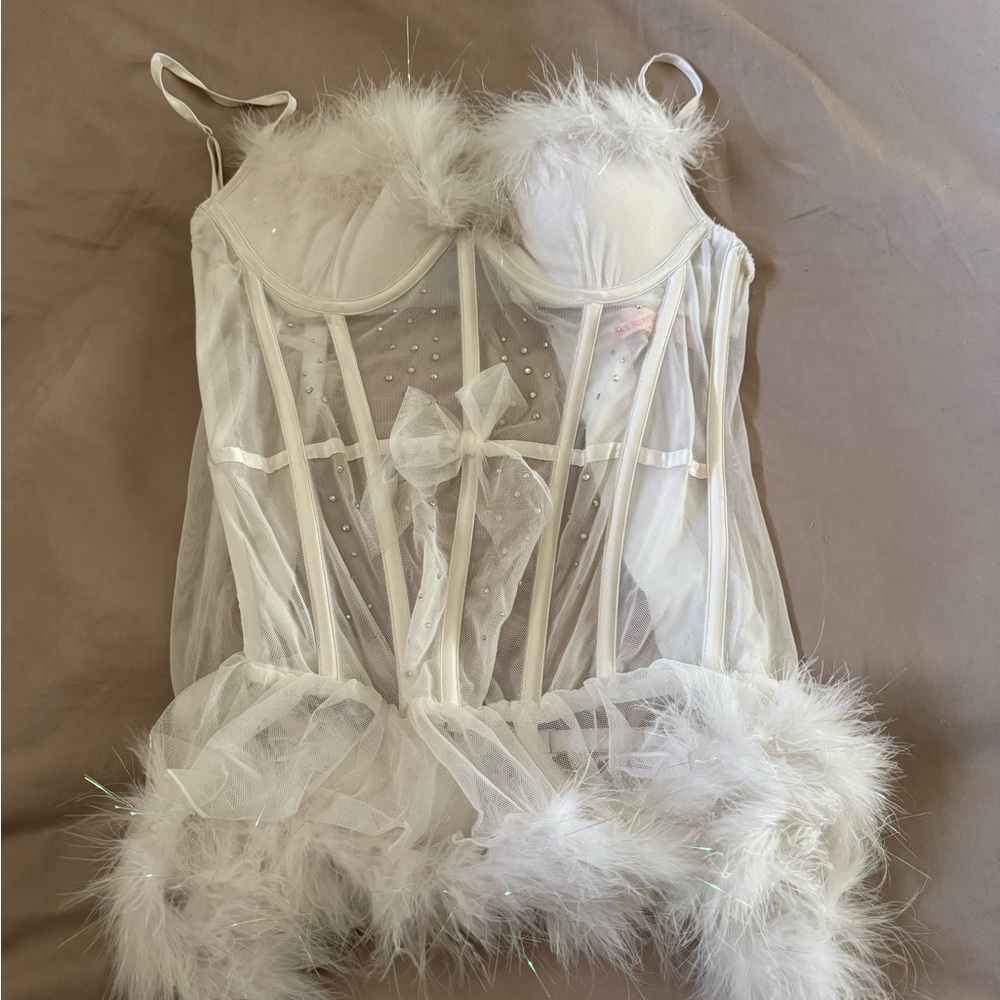 Victoria's Secret White Sheer Chemise with Feather Trim